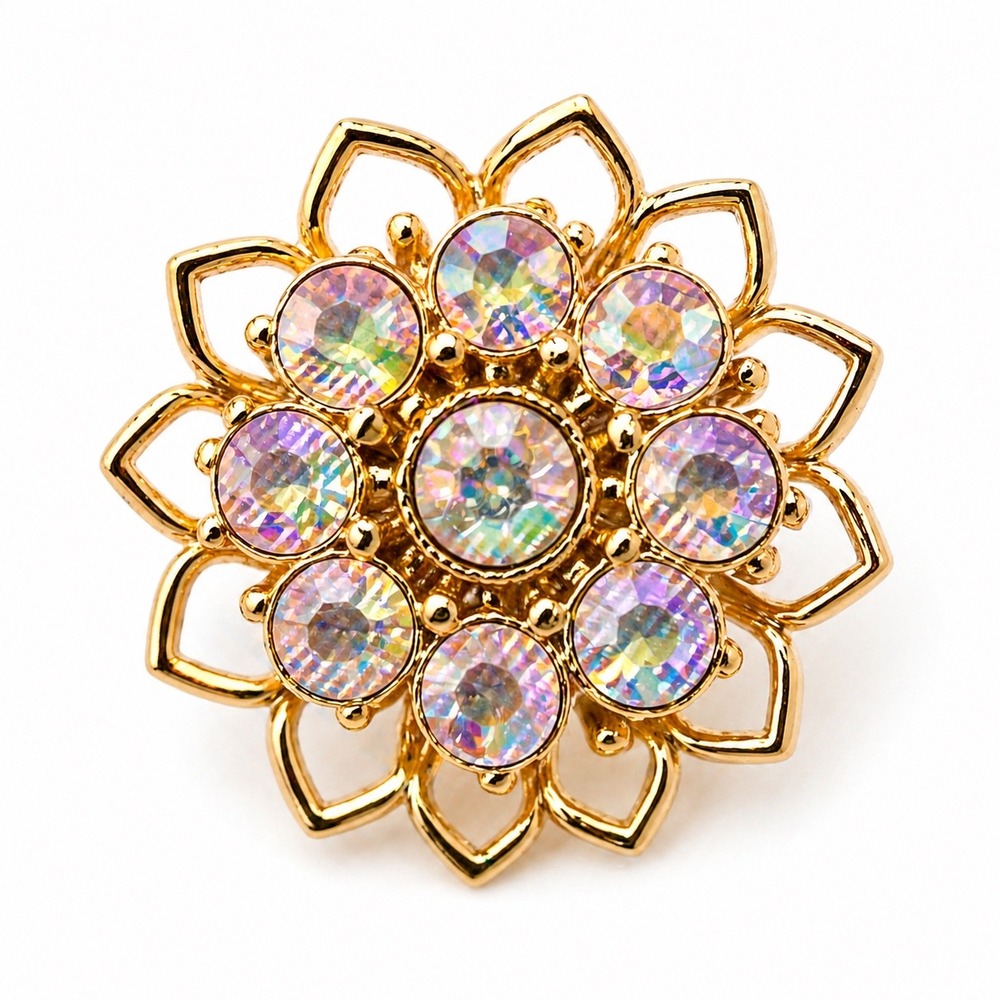 Gold Tone Aurora Borealis Rhinestone Flower Brooch Pin Iridescent Floral Vintage